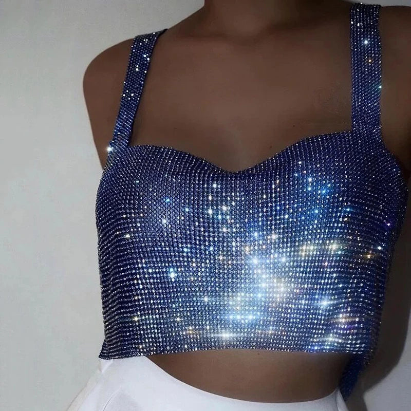 2025 glitter boate sem costas strass regata feminina sexy metal cristal diamantes lantejoulas noite clube festa wear topo de colheita