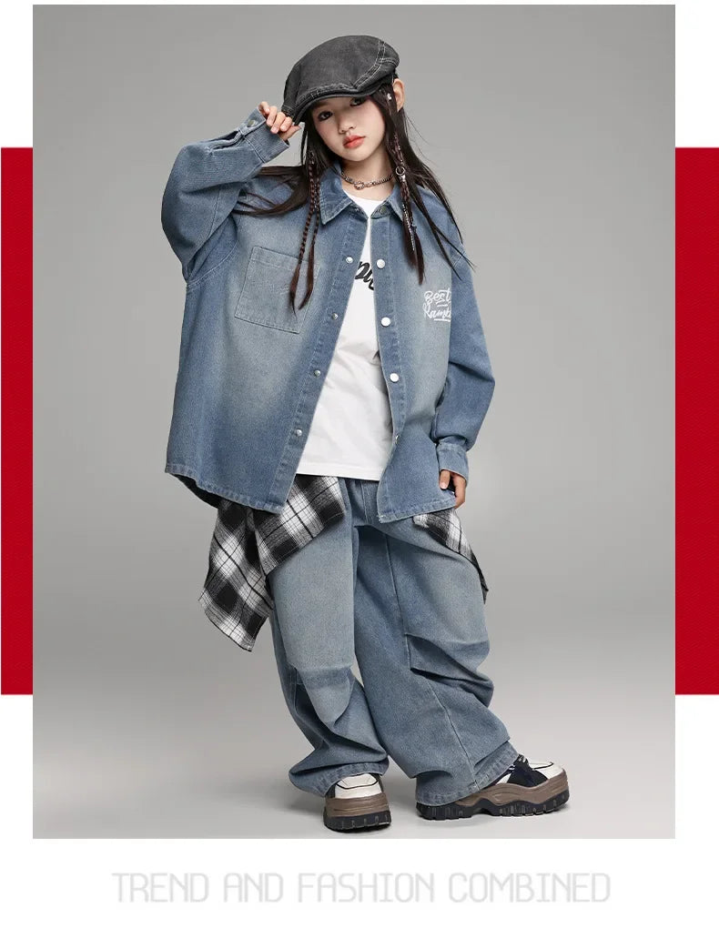 Crianças menino menina solta casual streetwear moda hip hop crianças denim camisa calça jeans define ternos agasalho roupas de palco traje