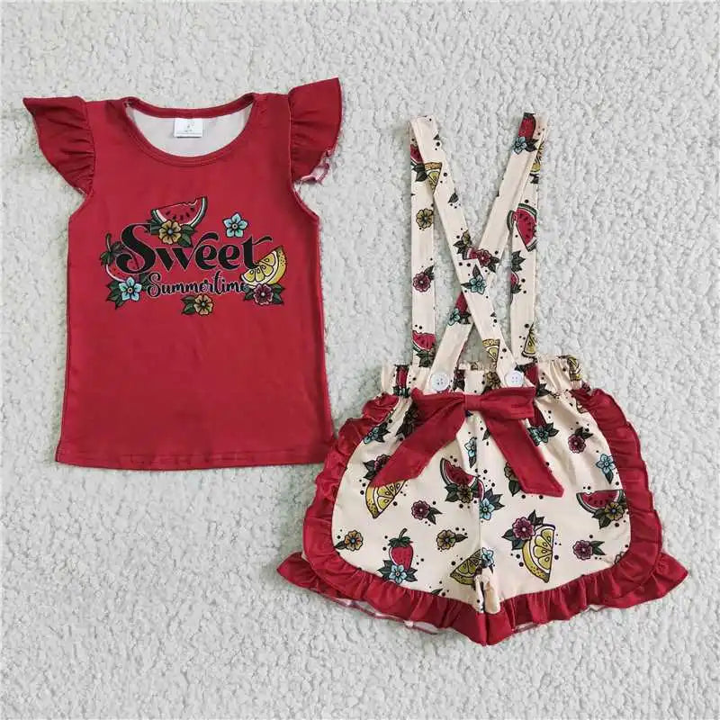 Bebê meninas boutique verão frutas roupas melancia vermelho camisa rosa dot plissado shorts atacado crianças roupas conjunto criança roupa