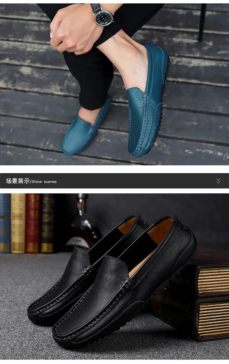 Sapatos de couro masculino luxo na moda casual deslizamento em mocassins formais mocassins italiano preto masculino sapatos de condução tênis plus size