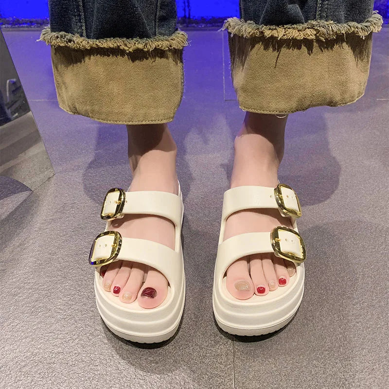 Chinelos de plataforma para mulheres, cor sólida, antiderrapante, sola grossa, para uso interno, praia, verão