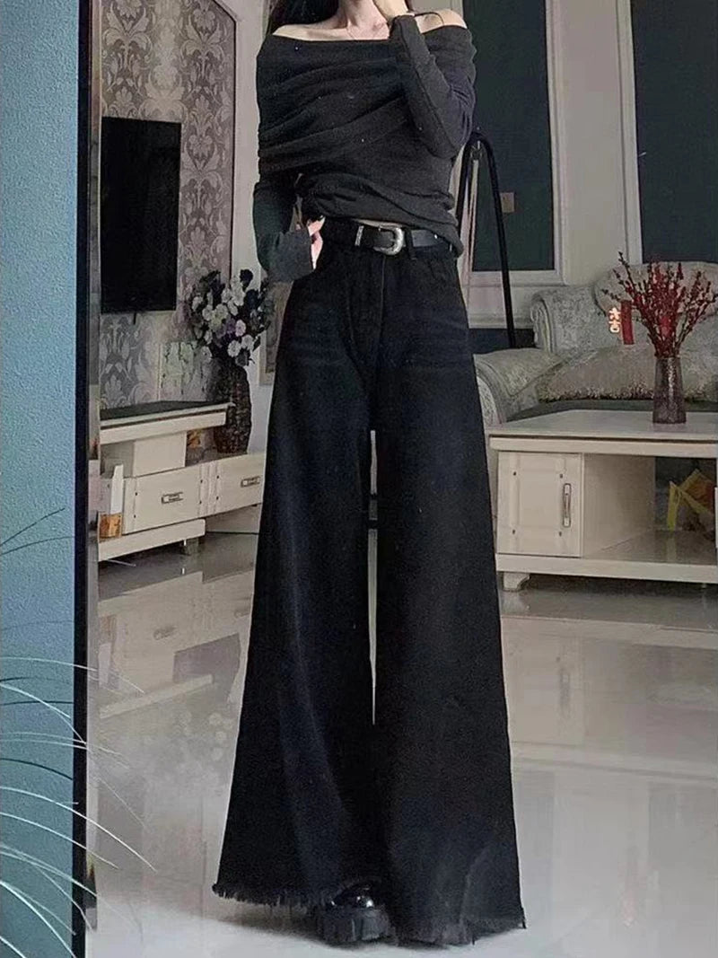 Preto perna larga jeans feminino outono vintage borda crua borlas bootcut calças jeans soltas cintura alta streetwear harajuku novo