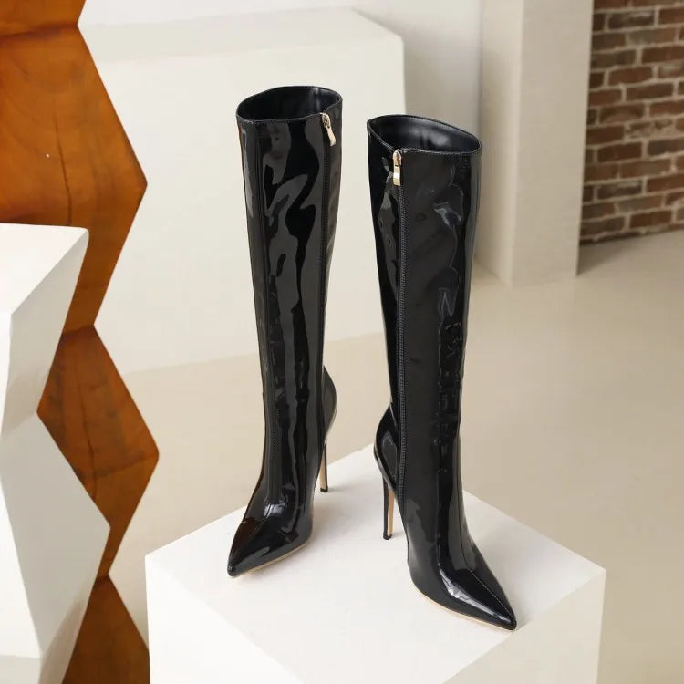 Senhoras elegantes botas longas 2024 clube festa saltos stiletto moda feminina joelho-botas altas inverno curto pelúcia apontou toe sapatos vermelhos