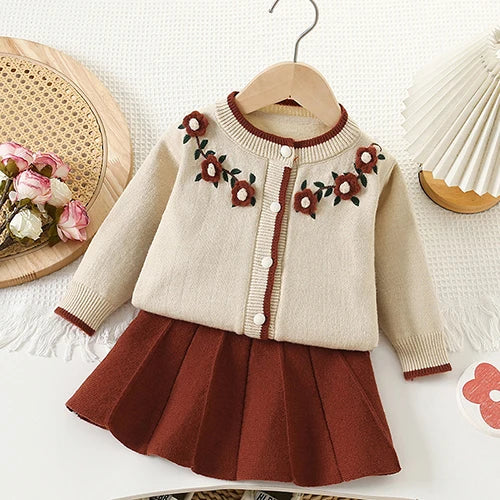2025 novo outono 0-5yrs bebê meninas conjunto de roupas manga comprida malha cardigan casaco + saia curta crianças roupas de malha terno