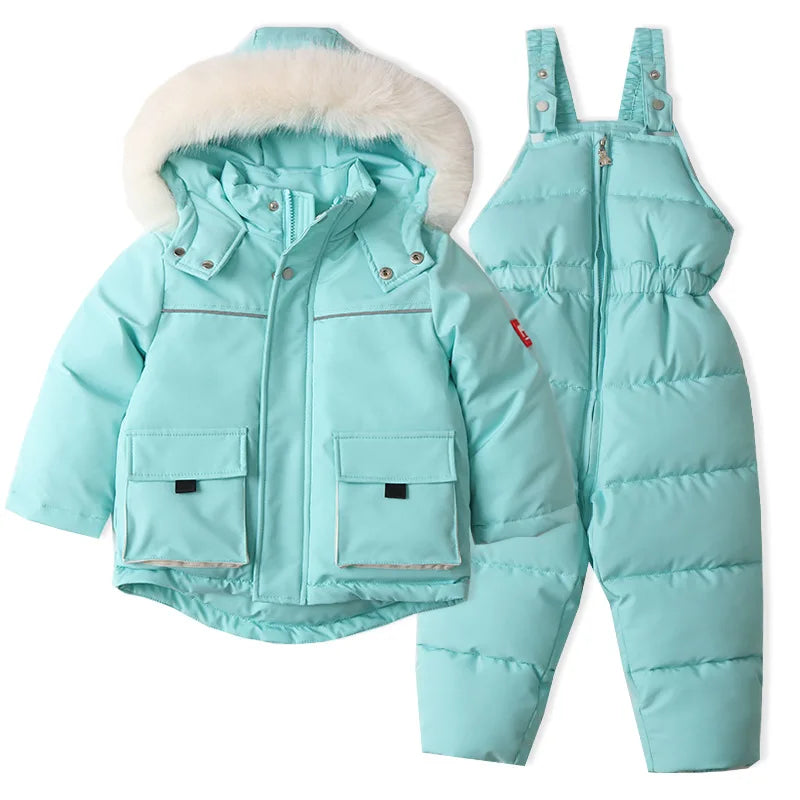 Terno de esqui infantil, jaqueta e calças à prova de vento e à prova d'água, casaco de neve, macacão, calças para baixo, parkas, conjuntos macios e quentes