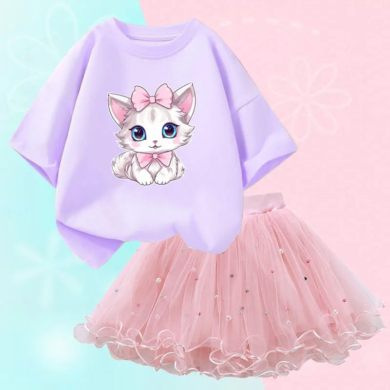 Roupas de verão para meninas, camiseta fofa de gato e saia tutu de malha, conjunto de duas peças, roupas coreanas para crianças de 3 a 14 anos