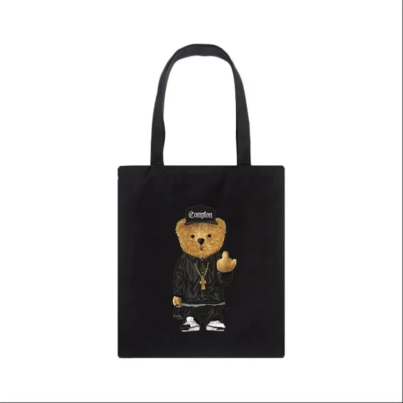 Moda urso impressão eco mulheres sacos de ombro bolsa feminina lona saco de compras casual grandes senhoras viagem totes sacos