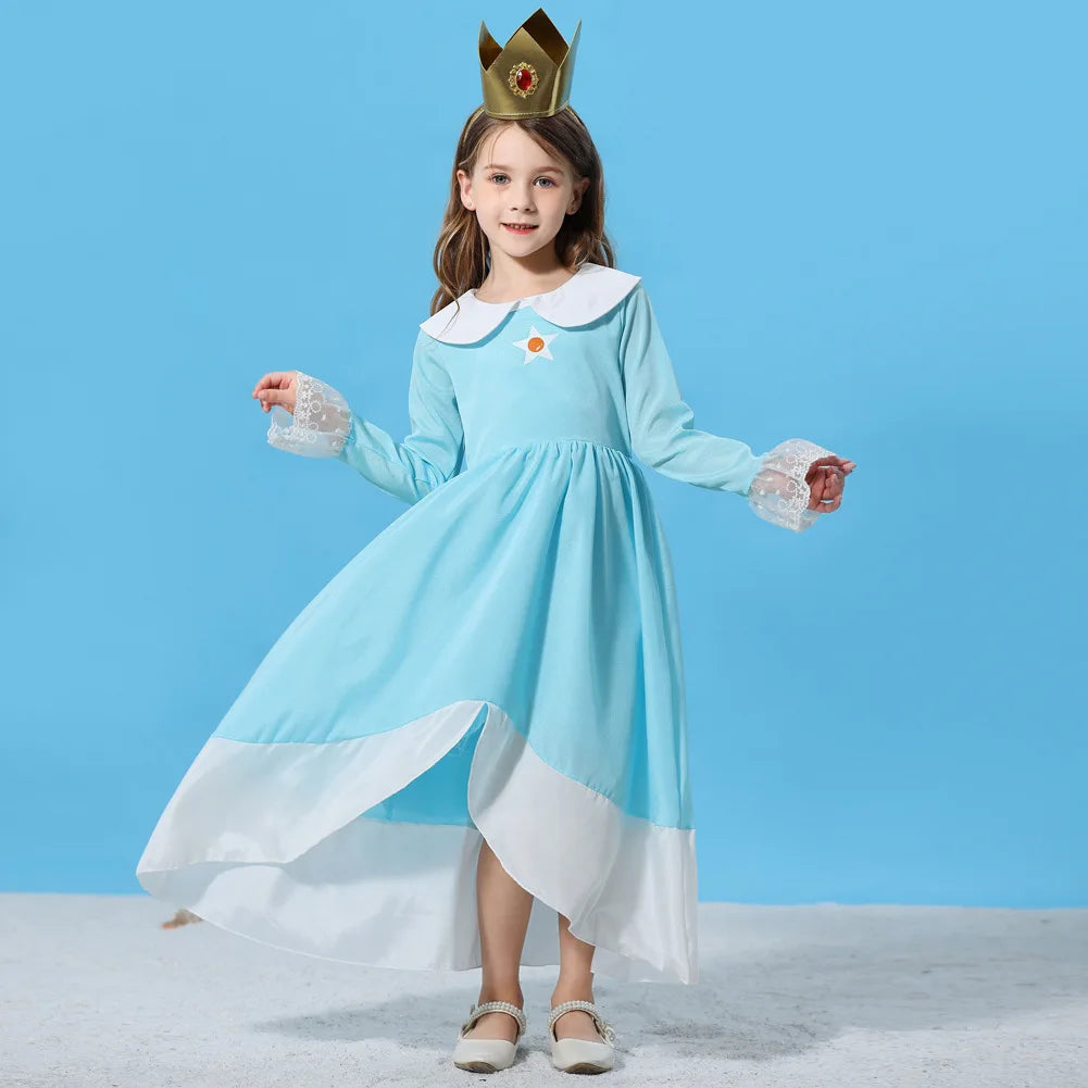 Pêssego rosalina vestido meninas margarida cosplay roupas crianças halloween vestir-se roupas de verão rendas applique princesa traje