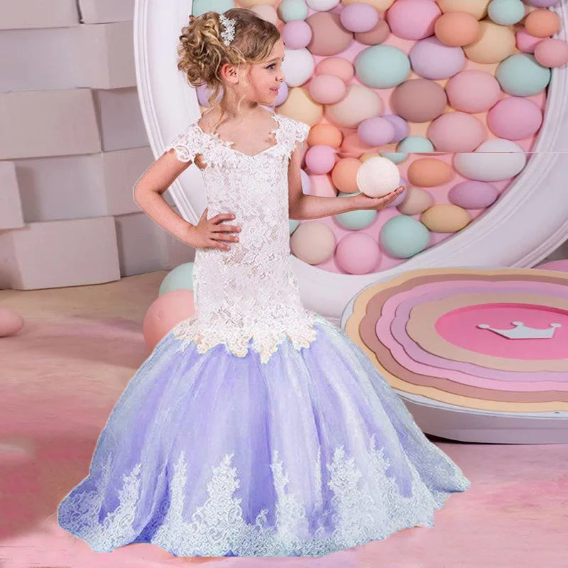 Bebê flor menina vestido crianças rendas longo noite crianças vestidos para casamento bridesmade baile de formatura sereia vestido festa formal vestidos de baile