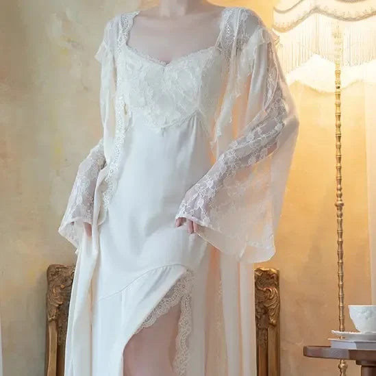 Conjunto de roupão longo para fêmea, corte, camisola princesa, roupão, camisola sexy em renda patchwork, pijamas, roupa de cetim, 2 peças