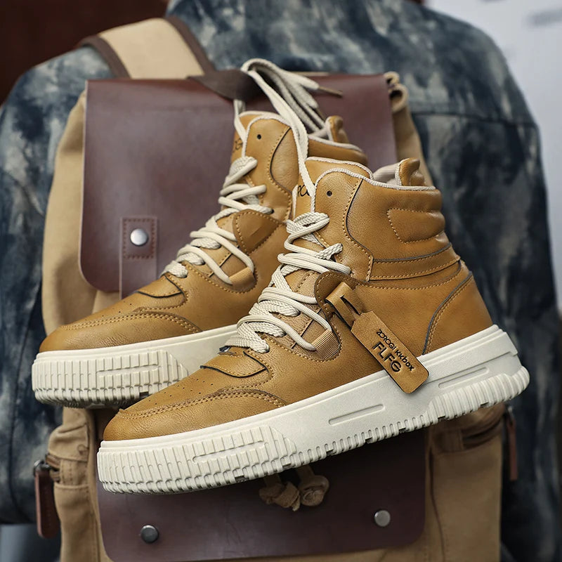 Sapatos masculinos de cano alto de inverno, sapatos esportivos casuais de couro, roupas de trabalho retrô, sapatos esportivos casuais versáteis e modernos