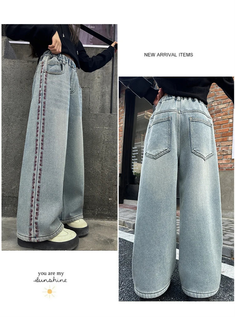 Crianças inverno calças de brim térmicas para meninas estilo casual em linha reta solta jeans grossos com lã forrado crianças calças jeans quentes