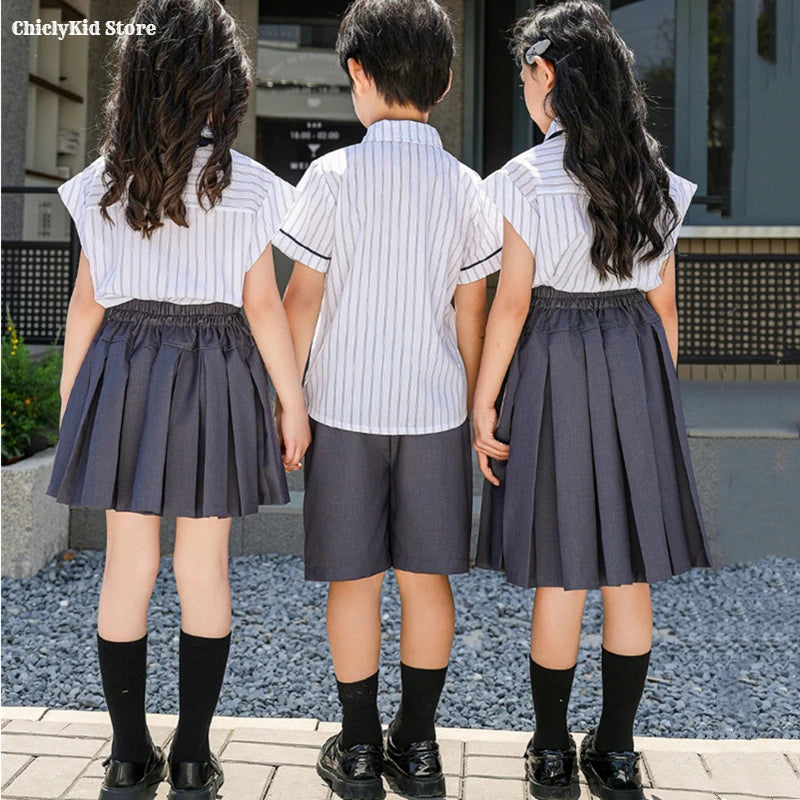 Meninas coreano japonês preppy listrado blusa saias meninos camisas shorts crianças conjuntos de roupas verão estudantes uniformes escolares