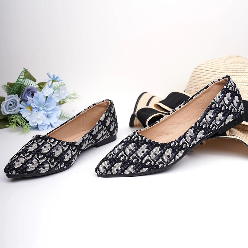 Designer de luxo sapatos baixos de pano para senhoras, toe slip-ons redondos para pé largo 44-32 2023, mocassins pretos, mocassins de balé, recém-chegados
