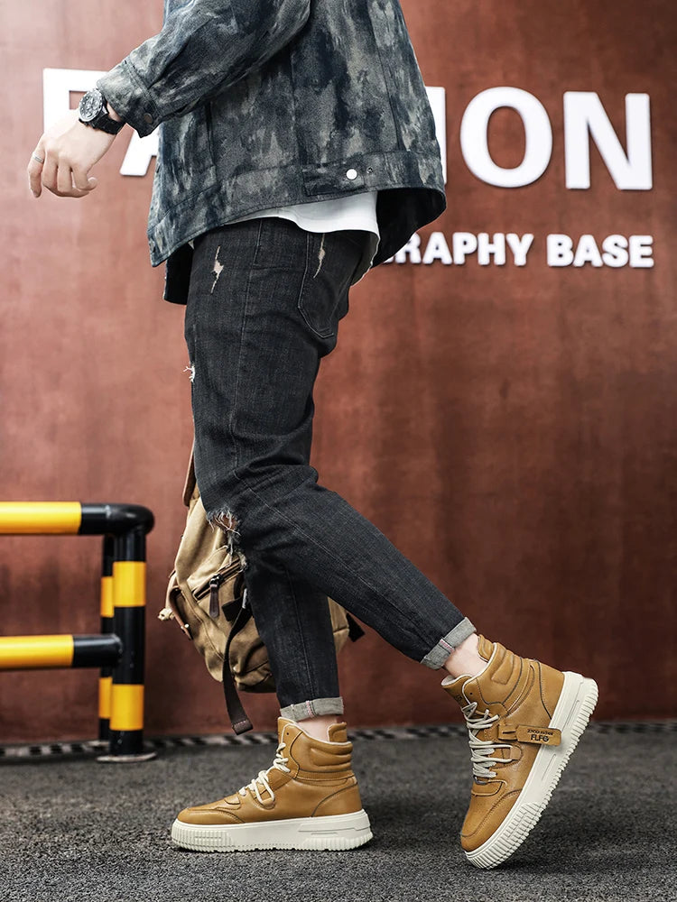 Sapatos masculinos de cano alto de inverno, sapatos esportivos casuais de couro, roupas de trabalho retrô, sapatos esportivos casuais versáteis e modernos