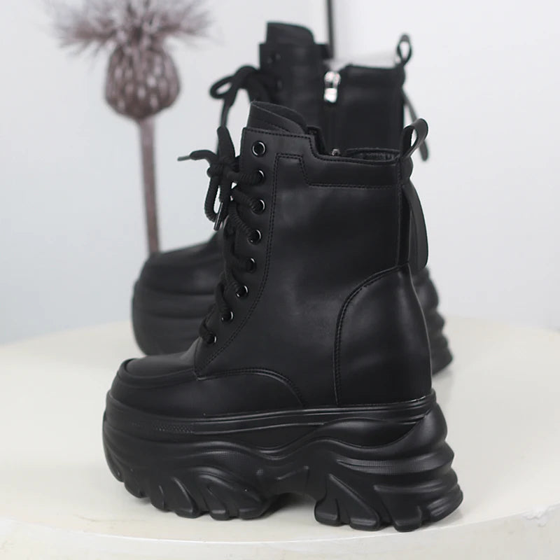 12cm outono plataforma botas de tornozelo feminino sapatos grossos rendas tênis mulher botas de couro sapatos de caminhada