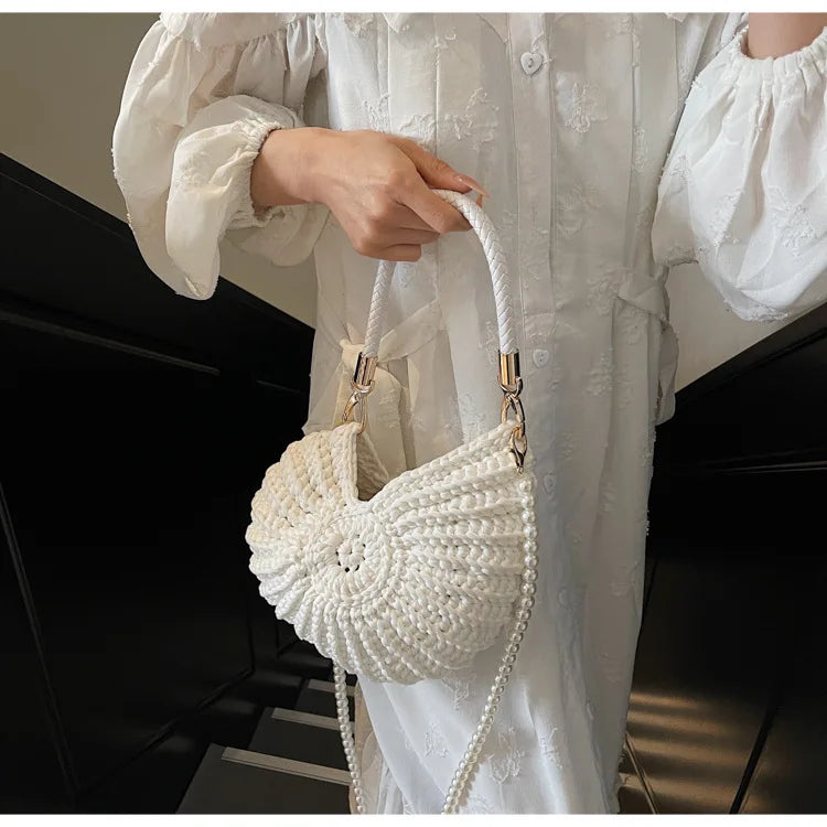 Criativo concha em forma de crochê feminino ombro sacos engraçado bonito pérolas correntes artesanal tecer crossbody saco novidade pequenas bolsas