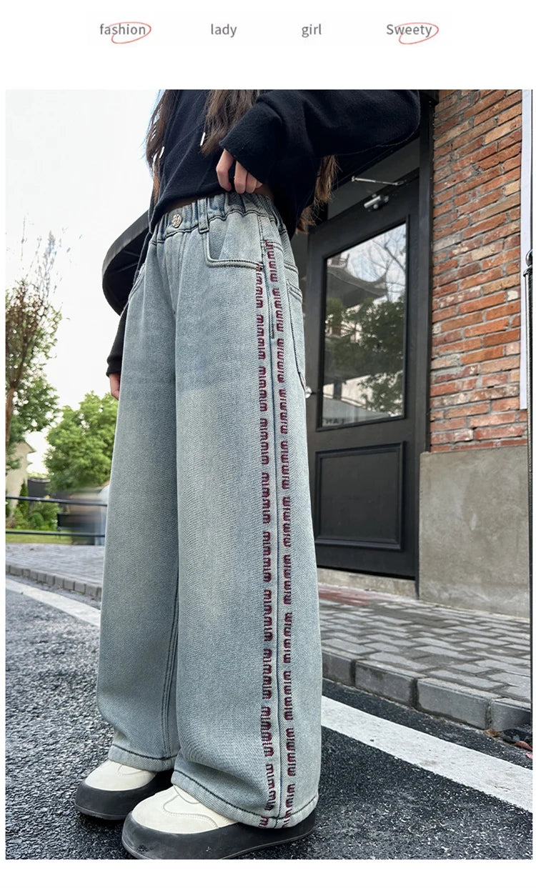 Crianças inverno calças de brim térmicas para meninas estilo casual em linha reta solta jeans grossos com lã forrado crianças calças jeans quentes