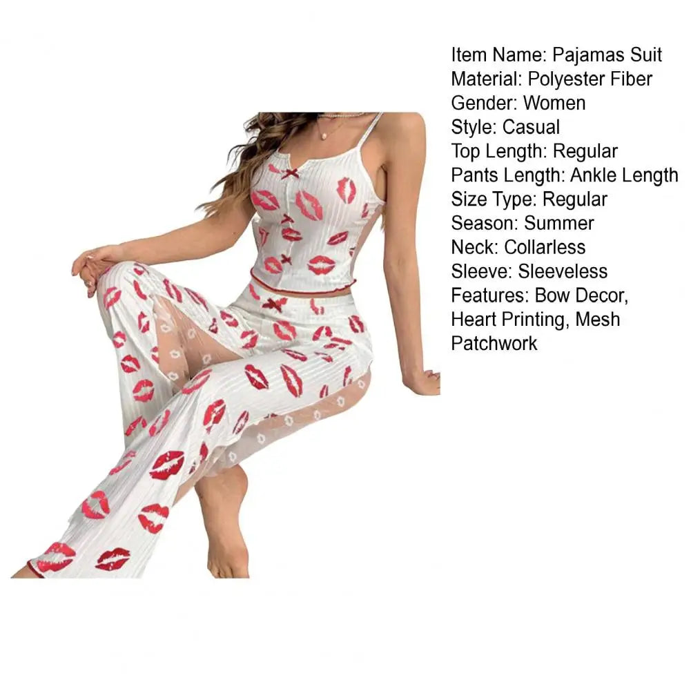 2 pçs/set feminino colete calças terno arco coração impressão sem mangas shirring borda superior malha retalhos calças homewear roupa de dormir