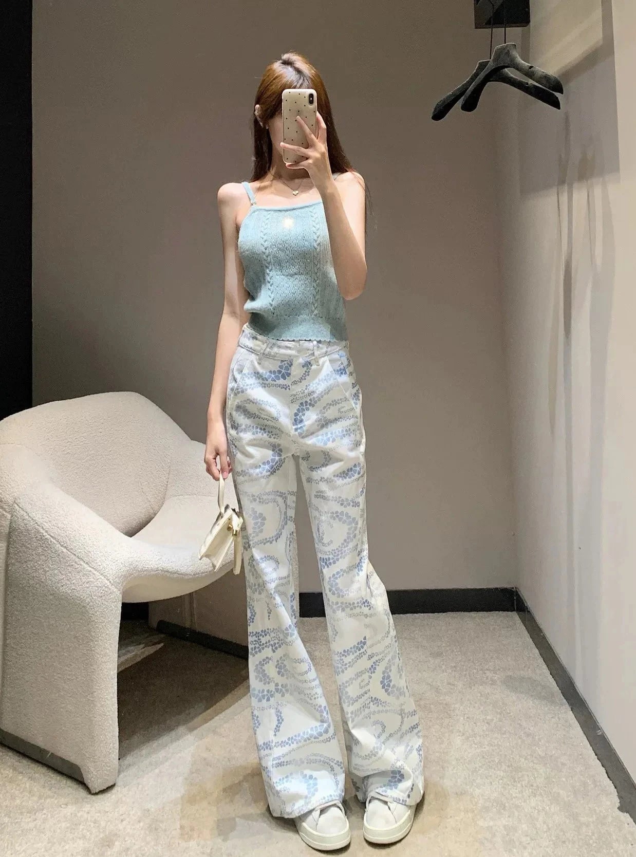 Mulheres branco impresso jeans cintura alta perna larga coreano em linha reta solta casual versátil outono nova moda de rua alta
