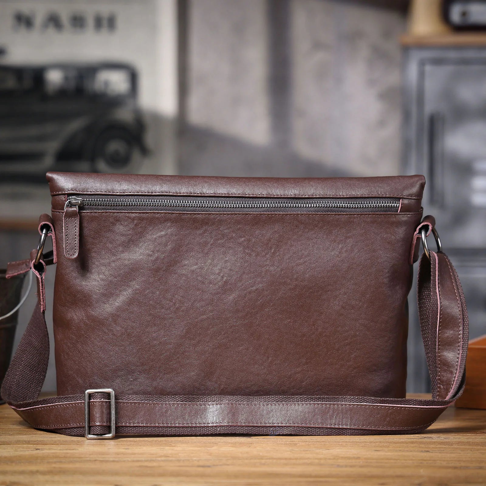 Bolsa de Ombro Masculina em Couro Genuíno, Bolsa Transversal para Laptop, Couro Bovino de Camada Superior, Couro Vegetal, Moda Casual
