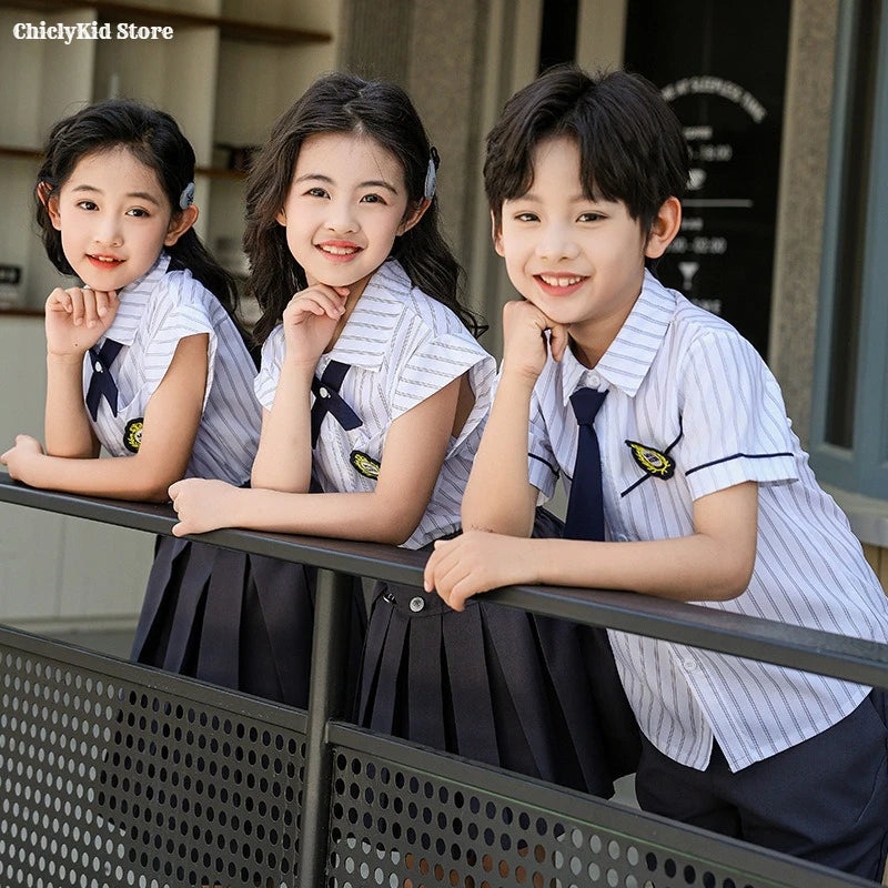 Meninas coreano japonês preppy listrado blusa saias meninos camisas shorts crianças conjuntos de roupas verão estudantes uniformes escolares