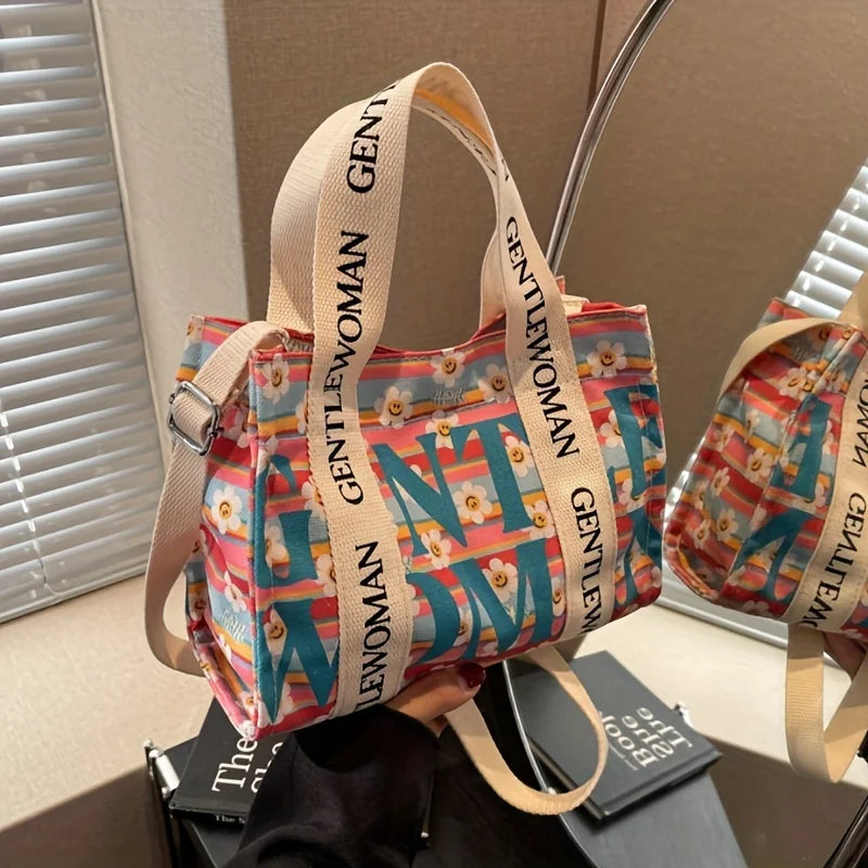 Dopamina colorida bolsa crossbody feminina moda lona bolsa de ombro flor impressão tote bolsas saco de compras