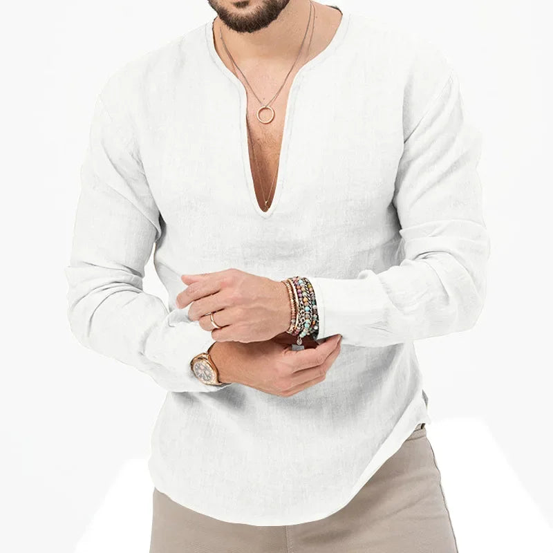 Camiseta Masculina de Linho de Manga Longa 2026 Henry, Slim Fit, Cor Sólida, Tamanho Grande Europeu e Americano, Gola V Profunda