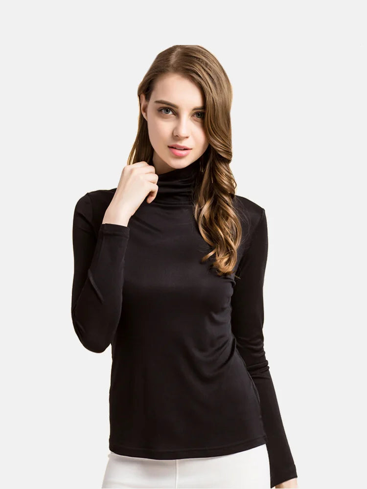 SuyaDream feminino gola alta, pulôveres sólidos de manga comprida, seda natural de malha, camiseta de fundo chique, top primavera outono 2025