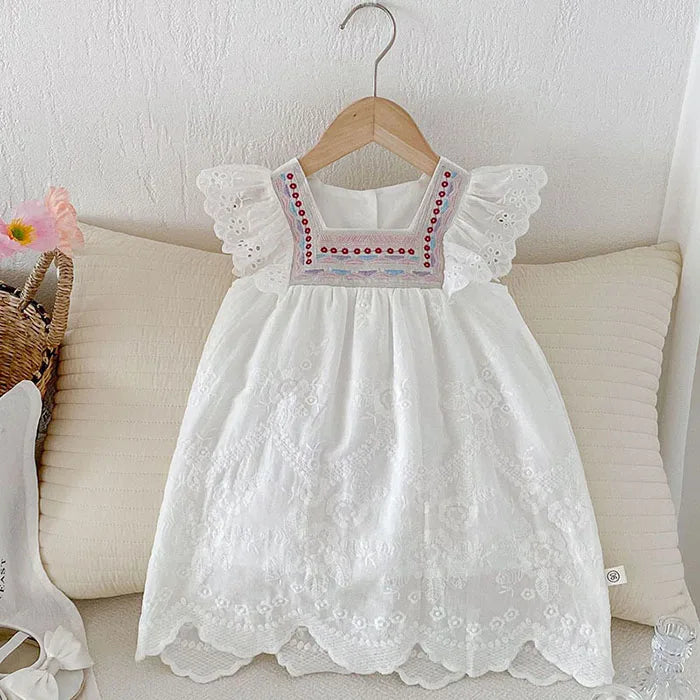 2025 novo verão crianças vestido 2-6 anos crianças vestidos de princesa manga voadora algodão bordado bebê menina vestido de festa irmã roupas