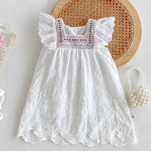 2025 novo verão crianças vestido 2-6 anos crianças vestidos de princesa manga voadora algodão bordado bebê menina vestido de festa irmã roupas