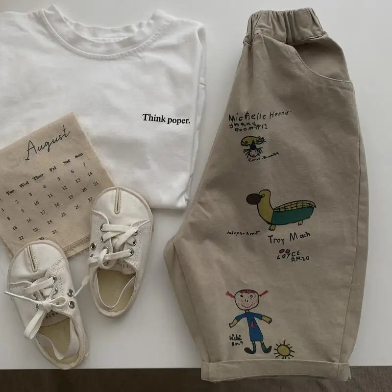 Japão coreano crianças roupas menino crianças moda calças primavera outono bebê bolso tornozelo comprimento solto menina dos desenhos animados calças casuais
