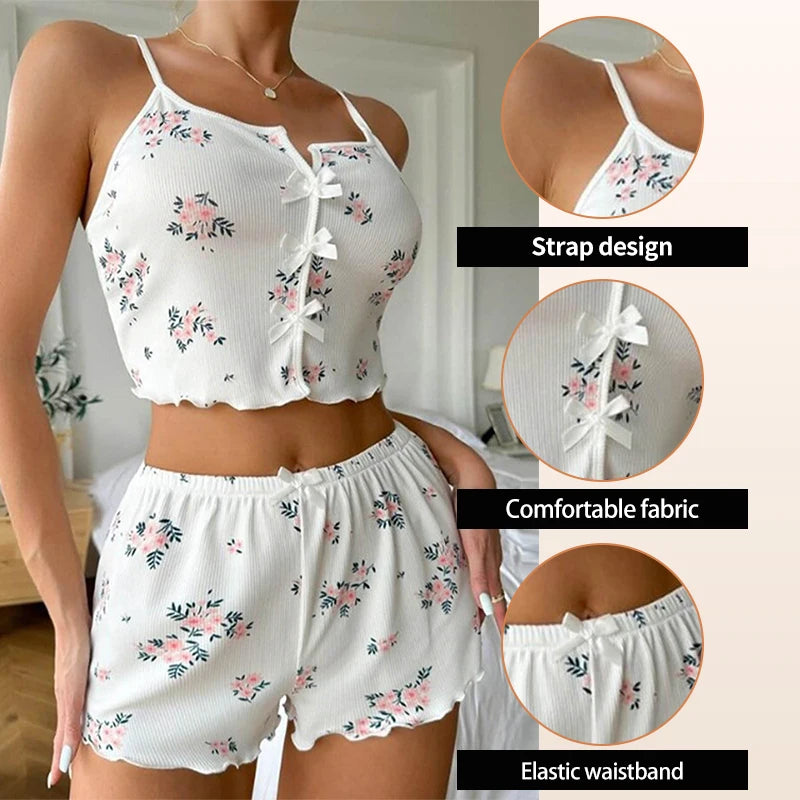 Conjunto de pijama feminino de malha canelada com estampa floral e shorts leves e respiráveis