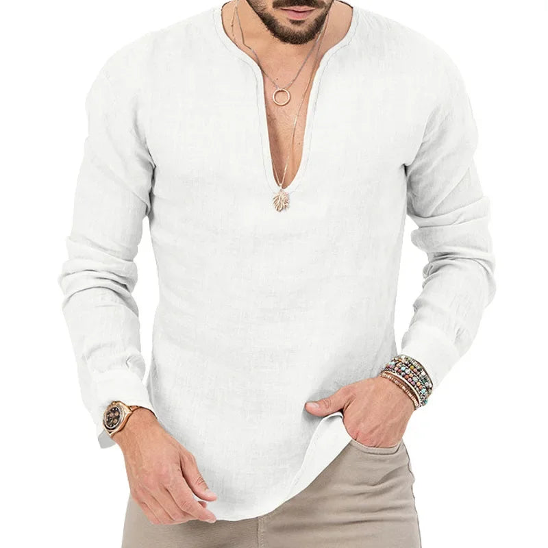 Camiseta Masculina de Linho de Manga Longa 2026 Henry, Slim Fit, Cor Sólida, Tamanho Grande Europeu e Americano, Gola V Profunda