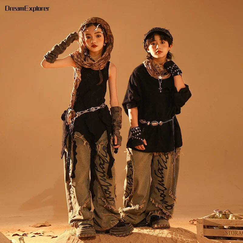 Conjunto de regata e jeans infantil Wasteland Street Dance de malha, moletons de hip hop, roupas de jazz, roupas punk, meninos e meninas