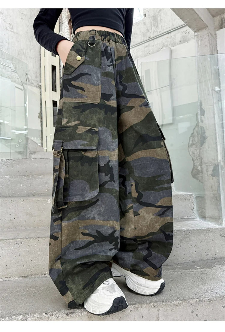 Crianças baggy camuflagem calças de carga com bolso para a menina streetwear y2k camo calças crianças harajuku coreano hip hop sweatpants