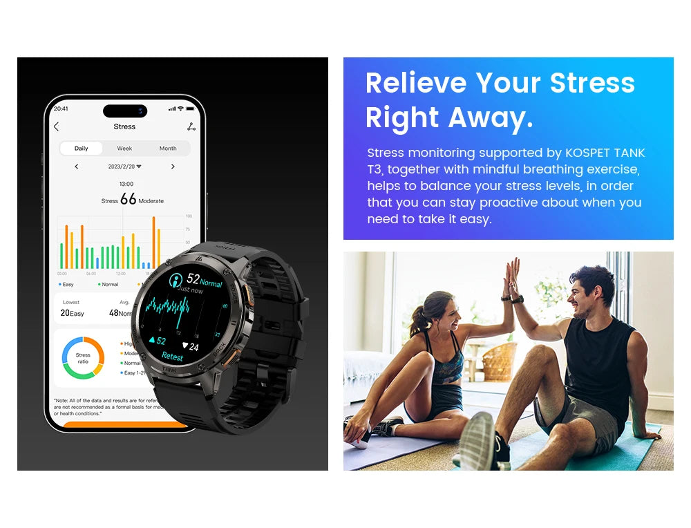 Original KOSPET TANK T3 Relógio Inteligente Para Homens Militar Smartwatch Mulheres Relógios de Fitness Digitais AMOLED AI Voz AOD Bluetooth
