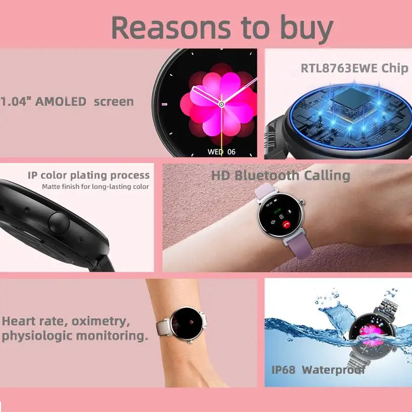 Amoled tela hd azul dente chamada smartwatch feminino relógios inteligentes à prova dwaterproof água esportes monitor de saúde freqüência cardíaca notificação mensagem