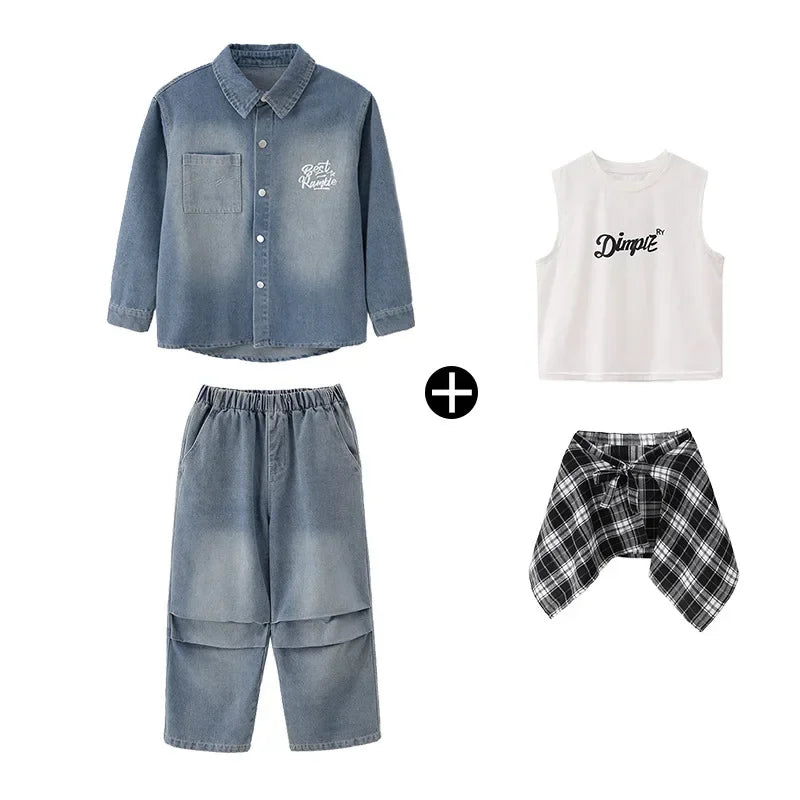 Crianças menino menina solta casual streetwear moda hip hop crianças denim camisa calça jeans define ternos agasalho roupas de palco traje