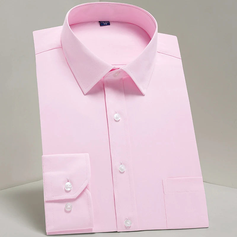 Camisas sociais masculinas clássicas de manga comprida, ajuste padrão, formal, negócios, social, simples, design básico, branco, trabalho, escritório, camisa casual