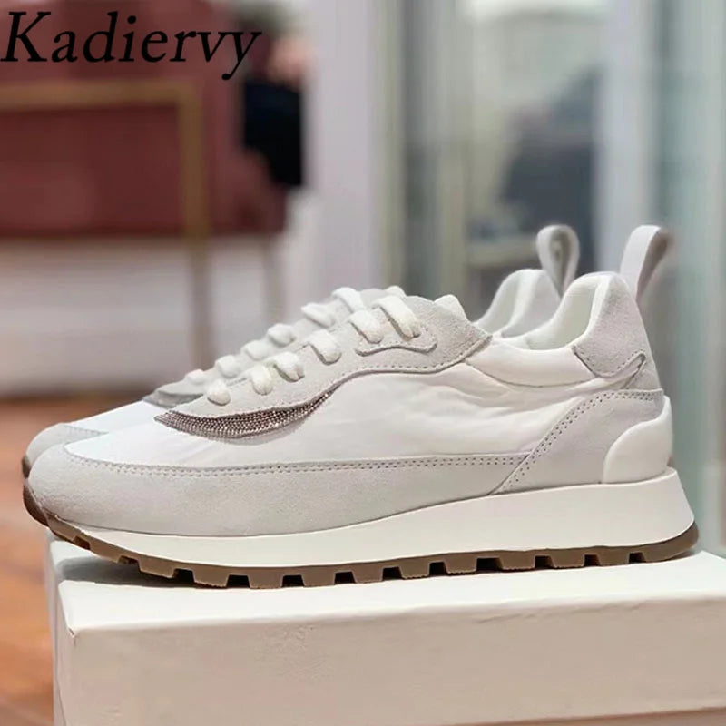 Sapatos casuais mulher dedo do pé redondo corrente corda grânulo conforto tênis de corrida senhoras camurça vaca retalhos rendas até tênis planos