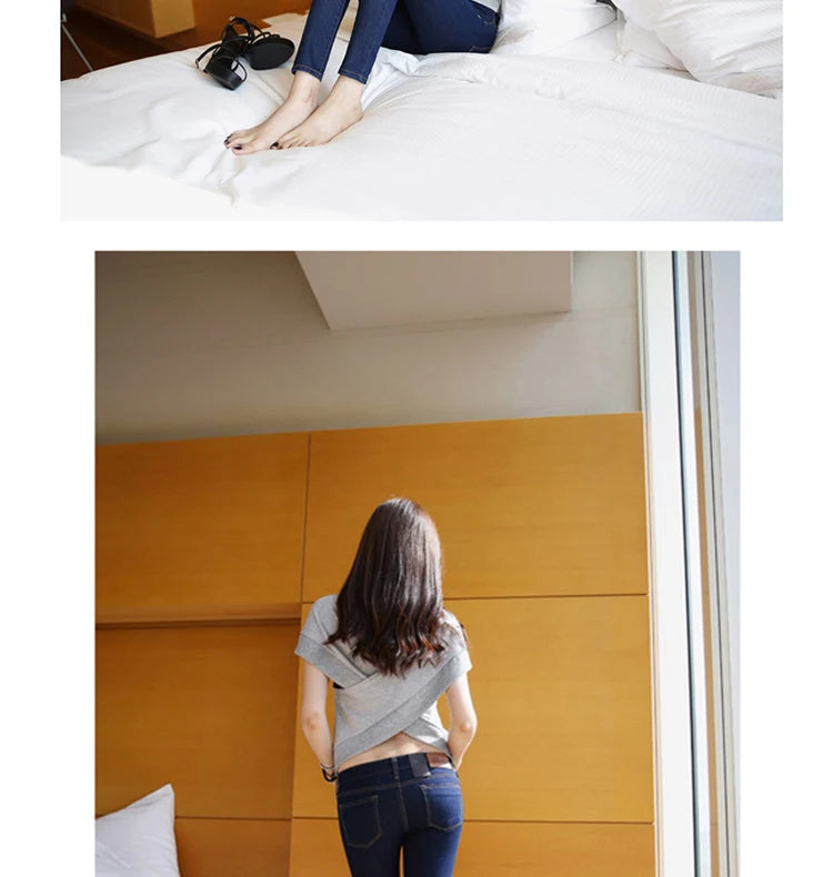 Calça Jeans Fena Skinny de Cintura Baixa Elástica e Esticável para Outono, Calça Longa Preta de Nove Pontos com Efeito Le...