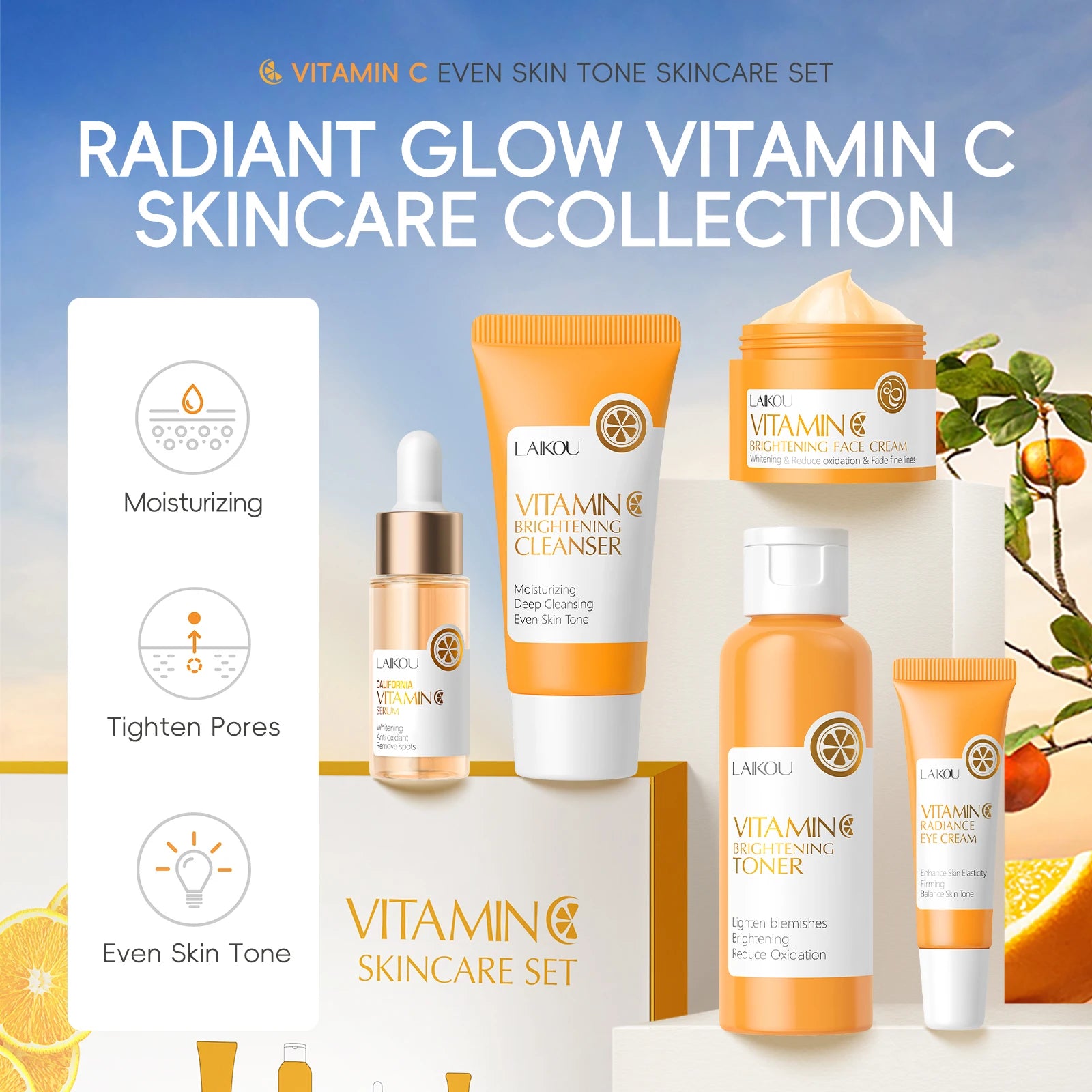 Laikou vitamin c conjunto de cuidados com a pele iluminando 5 pçs kit mesmo tom da pele suave rugas apertar poros limpador toner soro creme para os olhos