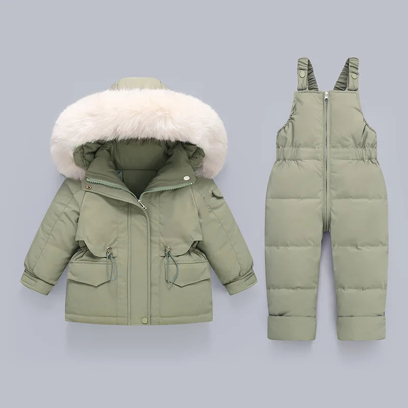 Crianças para baixo casaco jaqueta + macacão crianças da criança menina menino roupas para baixo 2 pçs roupa de inverno terno quente do bebê macacão conjuntos