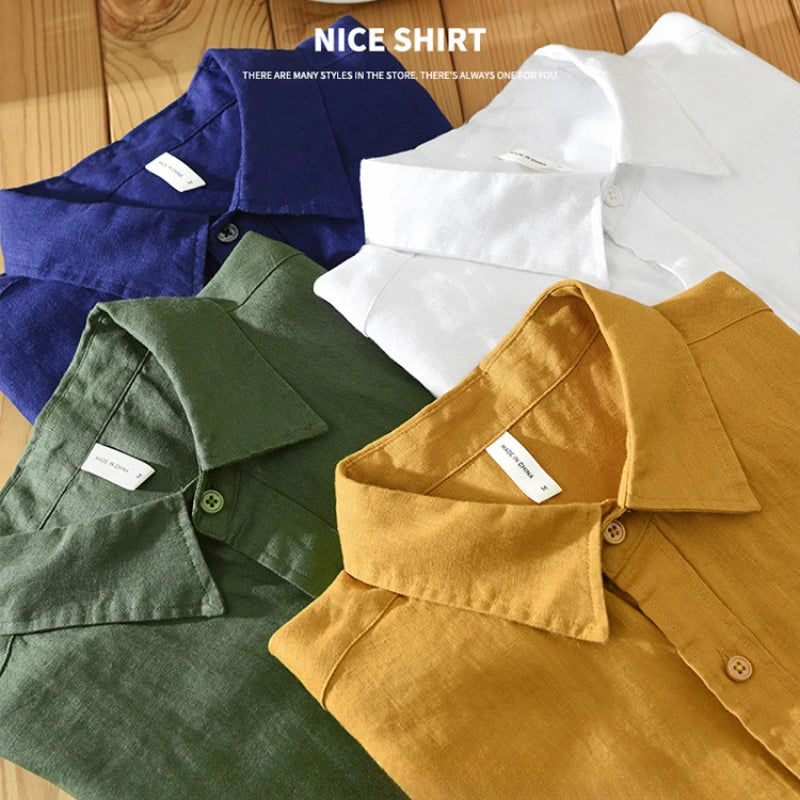 Camisa de linho de manga curta masculina, camisa respirável solta, camisa casual artística, monocromática, verão