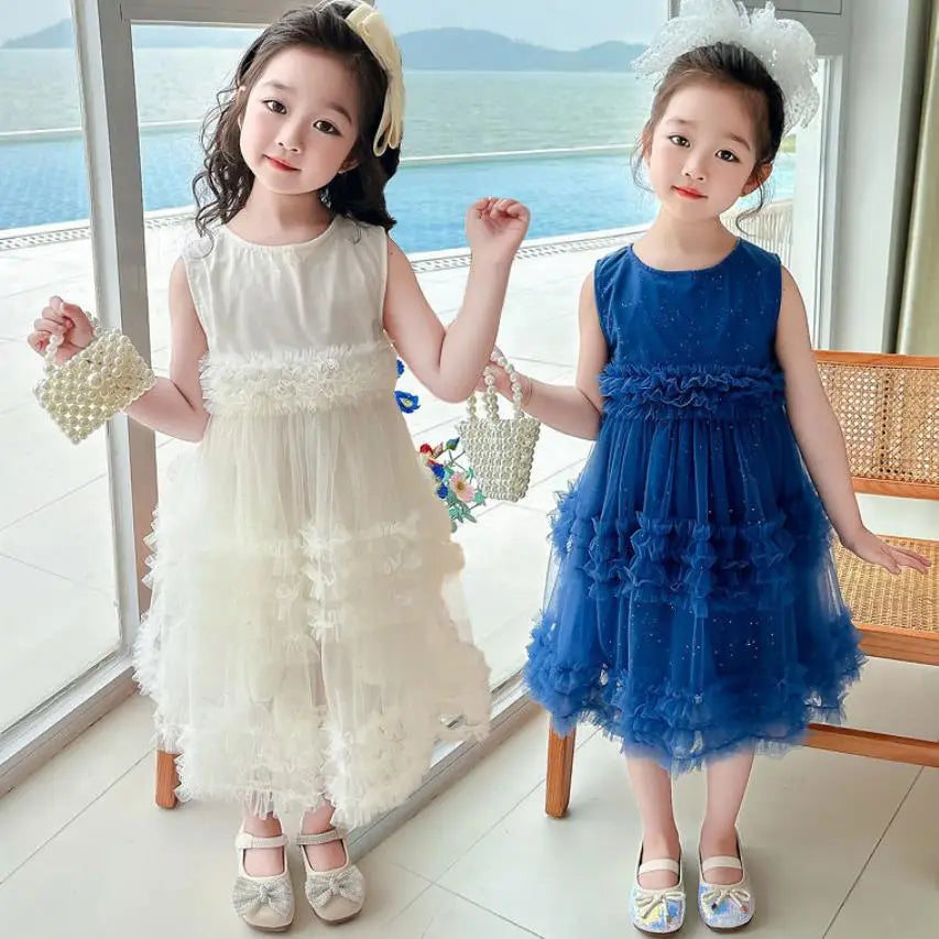 Novo Vestido Estilo Coreano 2026 para Crianças, Vestido de Verão Doce com Alças e Tule para Meninas