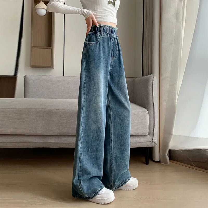 Calças jeans de tamanho grande femininas trilha reta perna larga solta cintura alta fina renda borla calças superiores