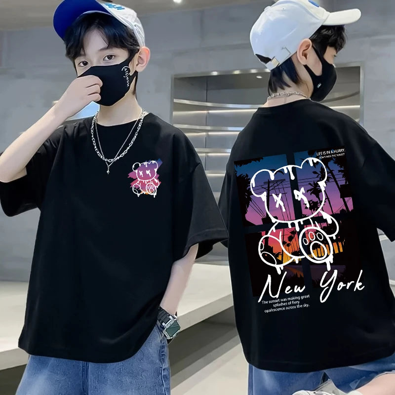Graffiti impressão camiseta de manga curta infantil, 100% algodão, verão streetwear, meninas tees, crianças tops, roupas de crianças, alta qualidade