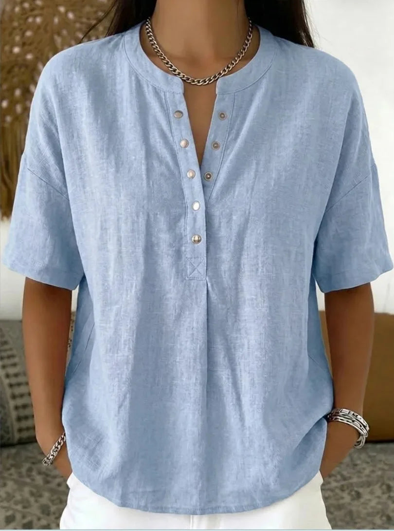 Blusa Feminina de Linho com Gola Henley, Manga Curta, Casual, Solta, Cor Sólida, Top de Verão