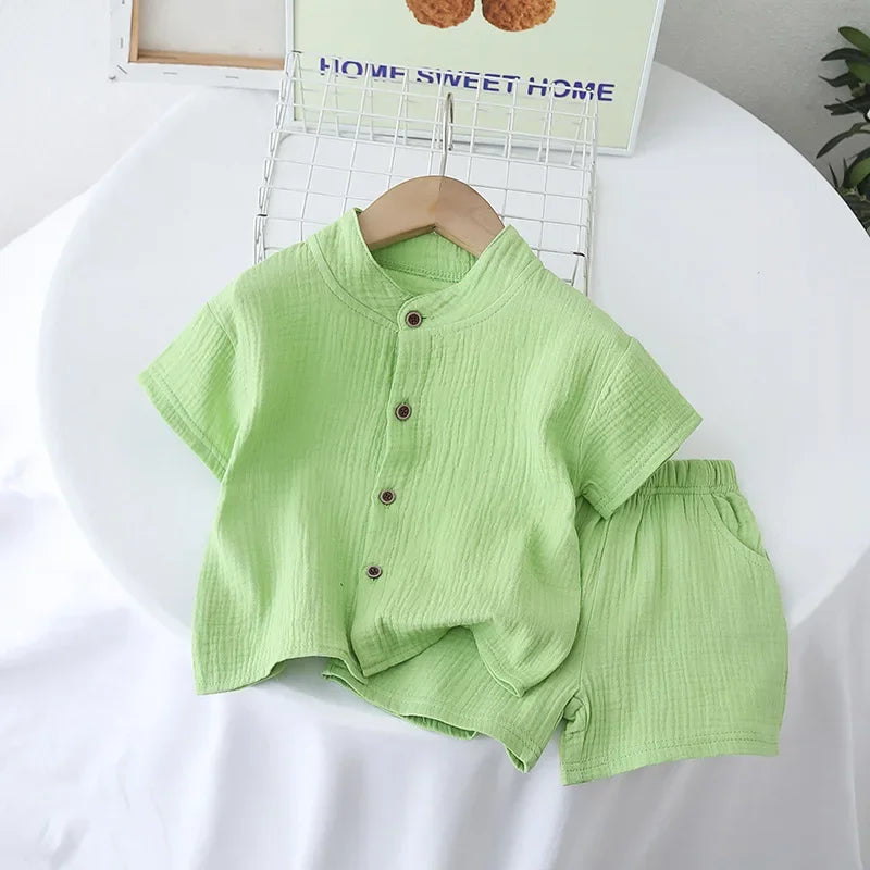 Conjunto de pijamas de gaze de algodão para bebês, 2 peças, manga curta, gola redonda, roupa de dormir macia e respirável, meninos, meninas, 0-5 anos, roupas de praia